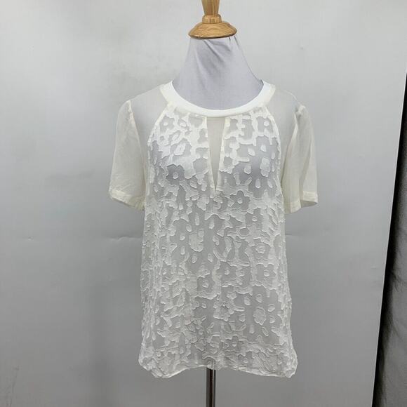 Rebecca Taylor Top Womens S Small Ivory Short Sleeve Semi Sheer Textured Blouse - Picture 2 of 12
